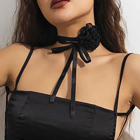 Black lace-up necklace with flowers - Necklaces