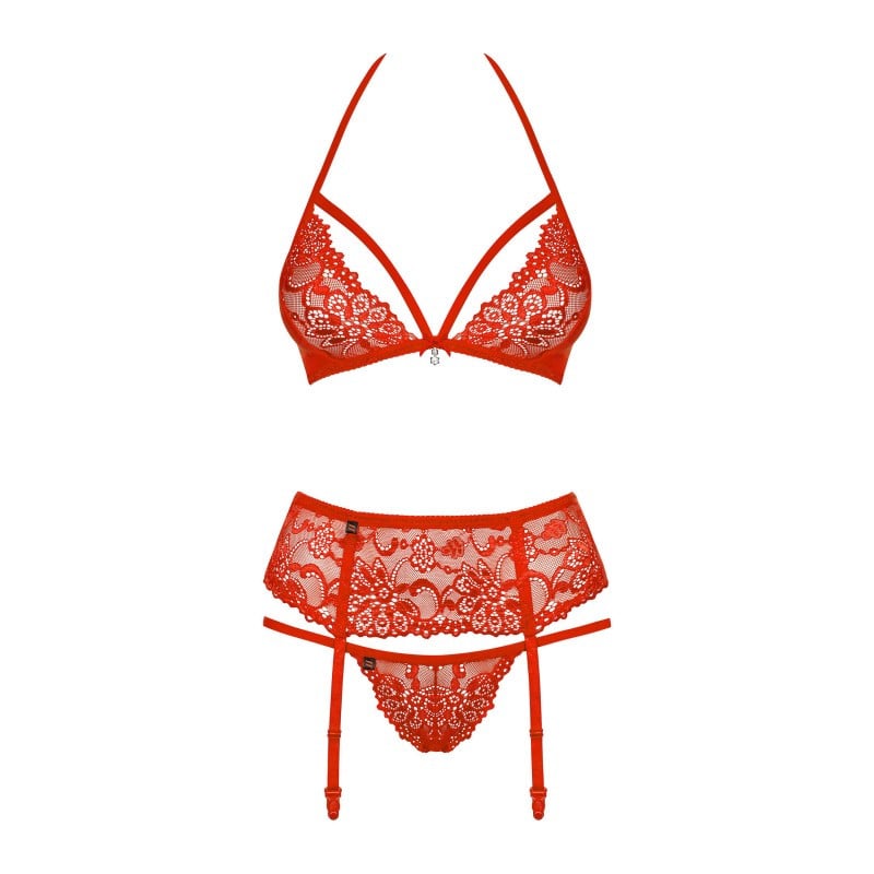 Ensemble glamour rouge 3 pièces - Ensemble lingerie sexy pour travestis
