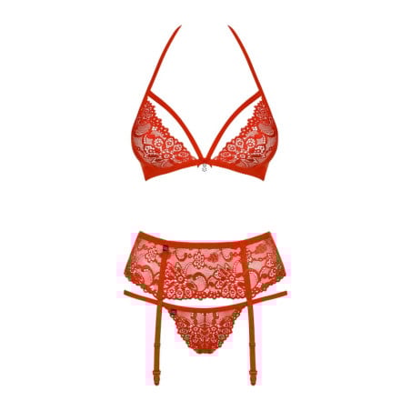 Ensemble glamour rouge 3 pièces - Ensemble lingerie sexy pour travestis