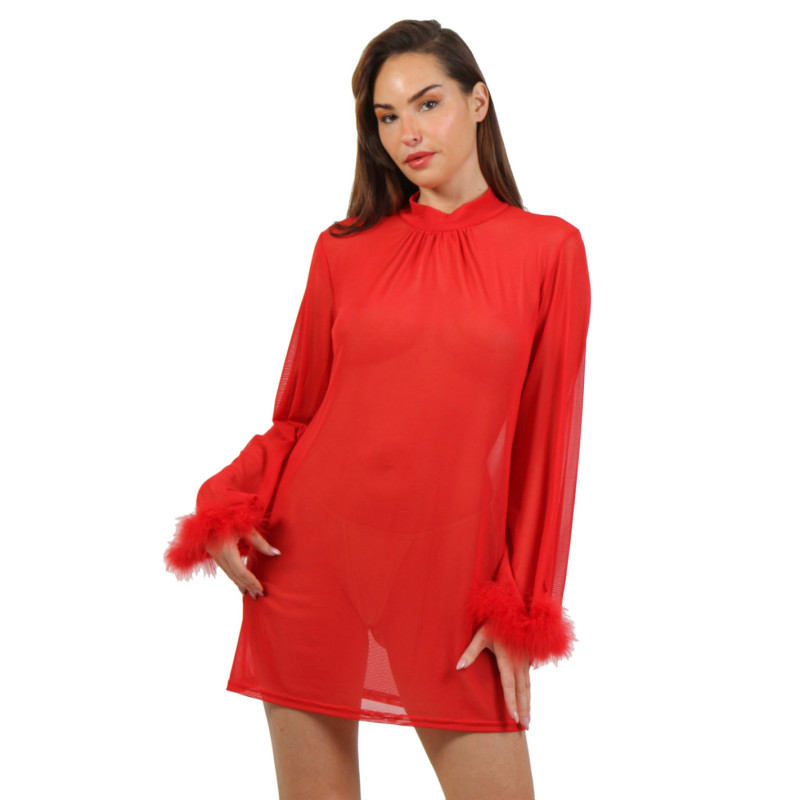 Tunique transparente avec poignets plumes - Robes pour travestis