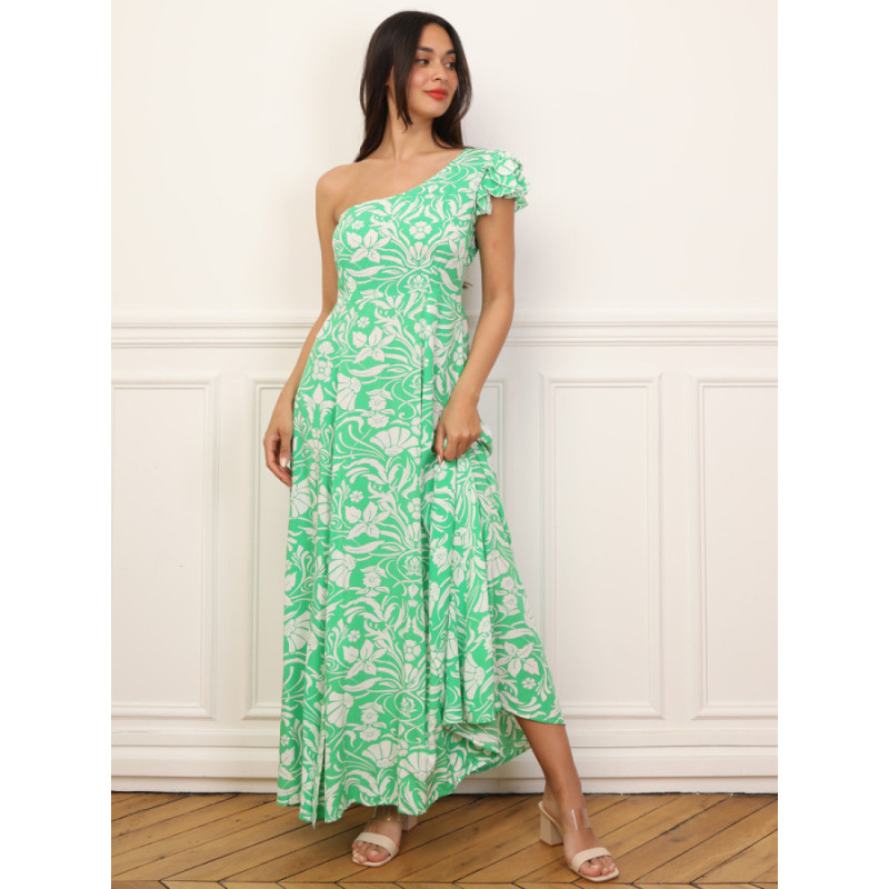 Asymmetrical Floral Dress with Ruffles - Dresses