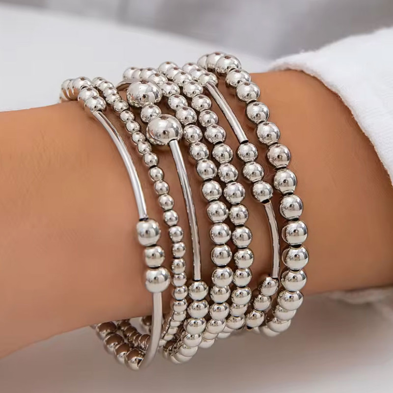 Silver Beaded Multiple Bracelet - Stretch bracelets