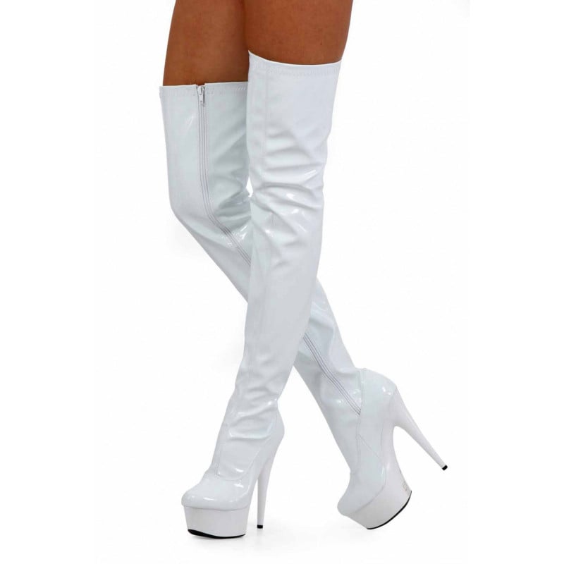 White Vinyl Platform Thigh Boots - Boots