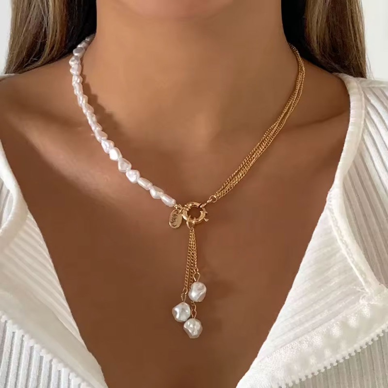 Two-tone gold and pearl necklace - Necklaces
