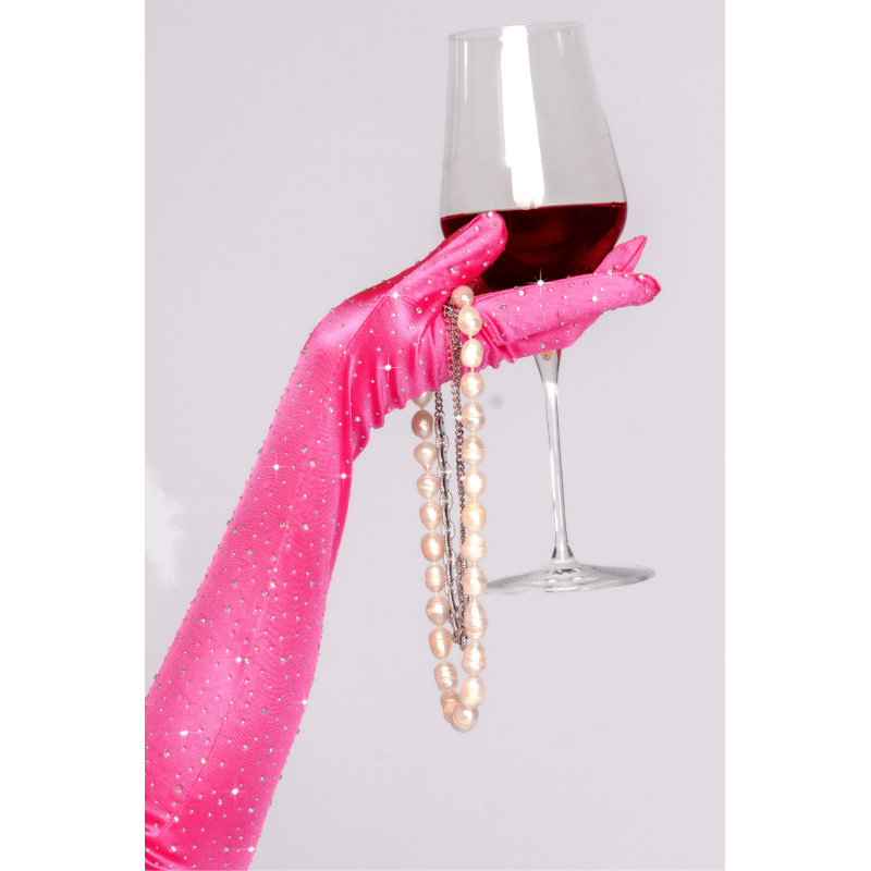 Pink satin gloves with rhinestones - Gloves and boas