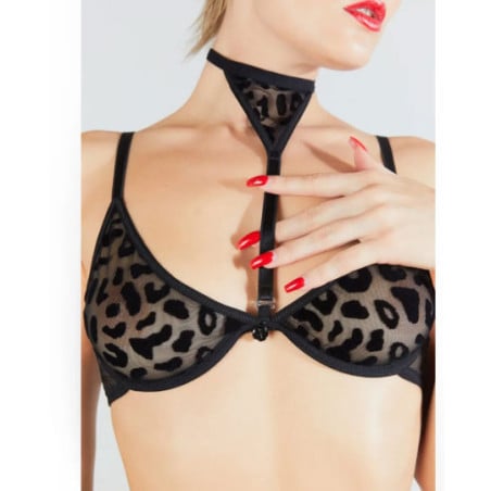 Underwired Removable Chocker Bra With Feline Print - Sexy bras