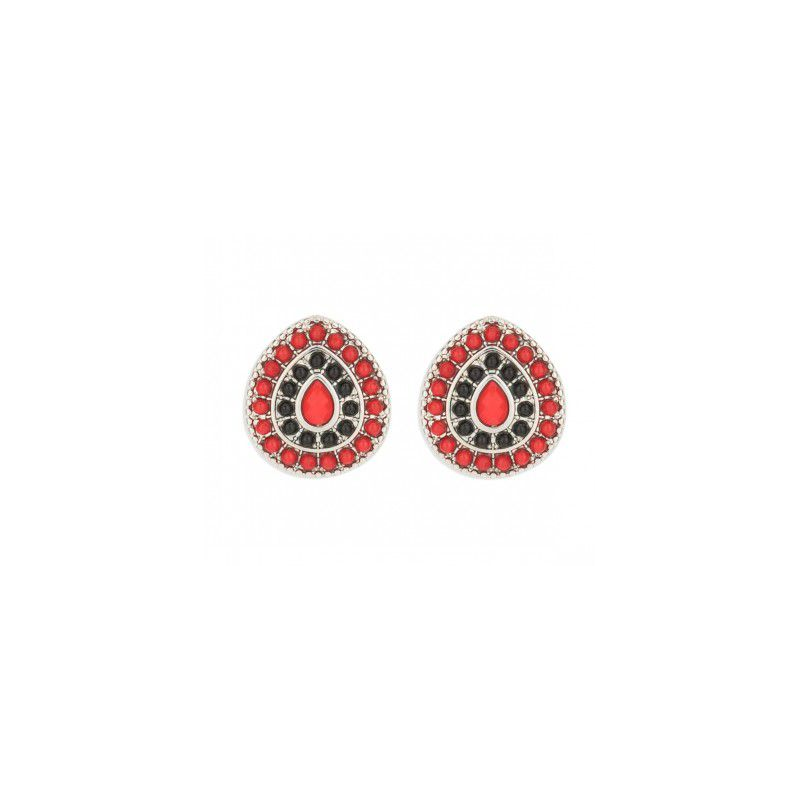 Gouttes argentées et perles rouges et noires - Boucles d'oreilles à clips