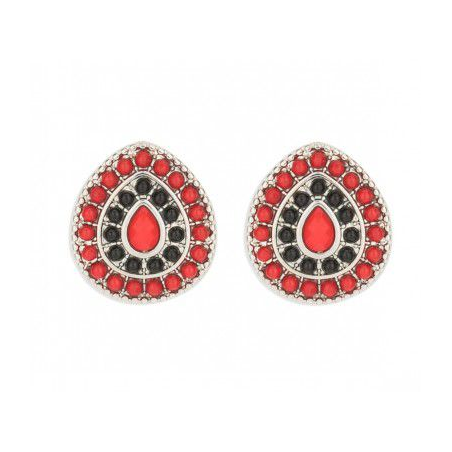 Gouttes argentées et perles rouges et noires - Boucles d'oreilles à clips