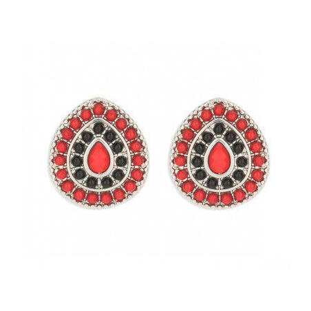 Silver drops and red and black beads - Clip earrings