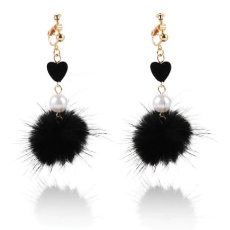 Boucles d'oreilles clips Pompon noir - Boucles d'oreilles à clips